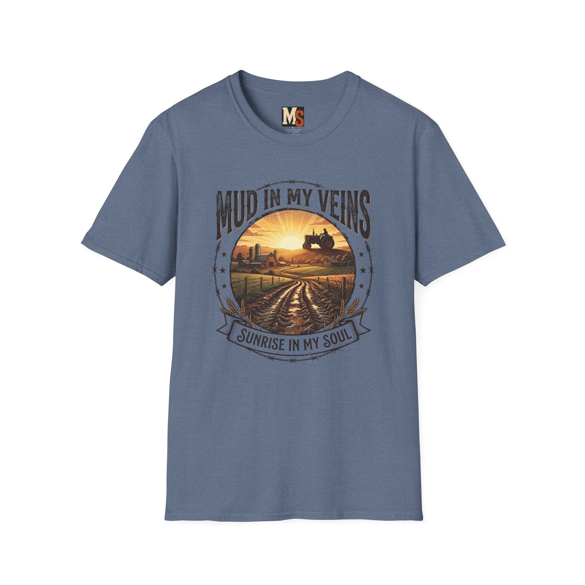Mud in My Veins T-Shirt — Tractor Farm Sunset Graphic