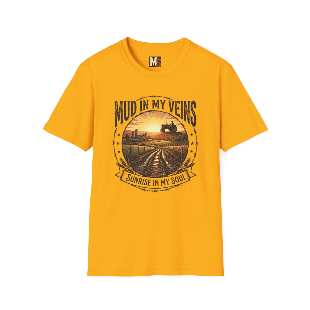 Mud in My Veins T-Shirt — Tractor Farm Sunset Graphic