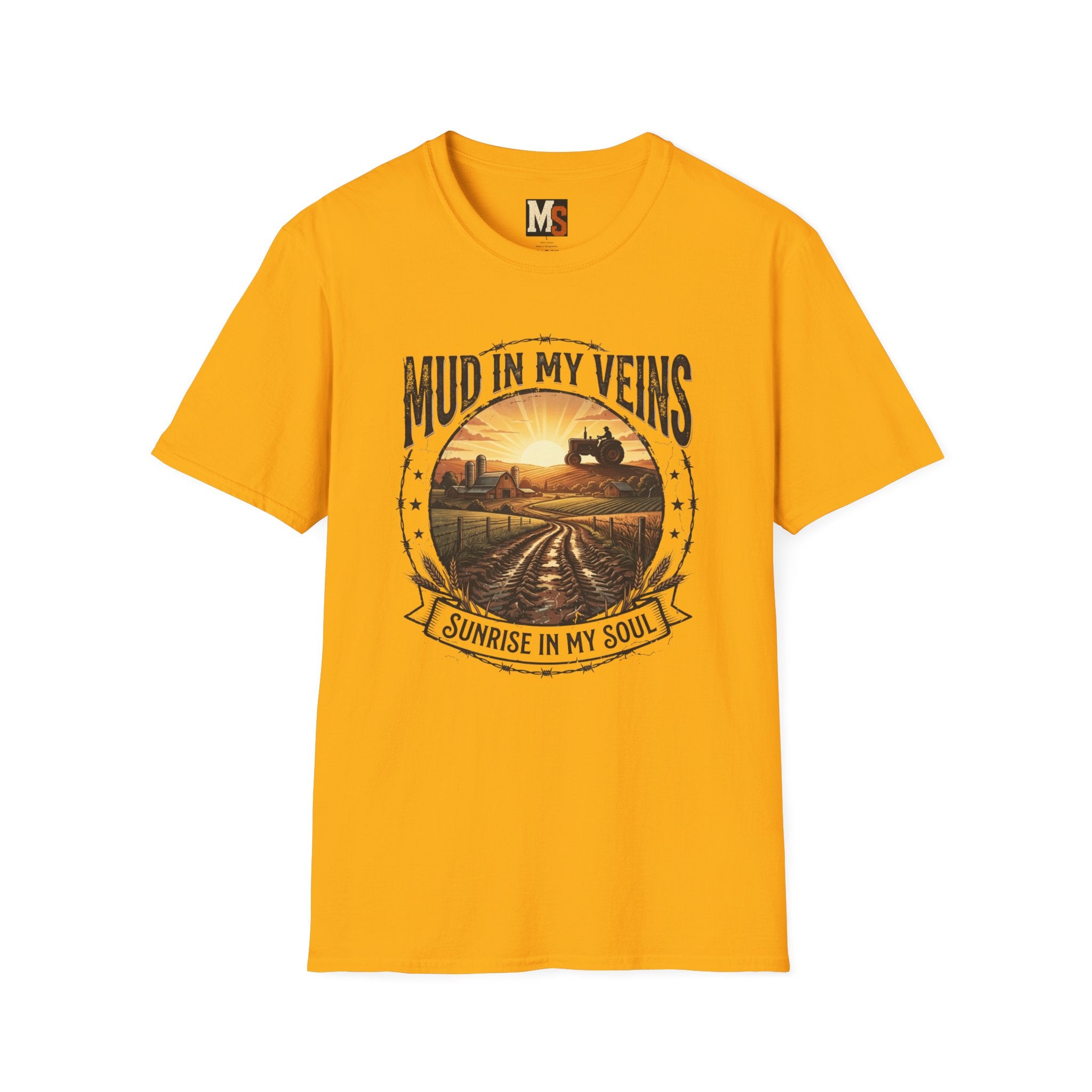 Mud in My Veins T-Shirt — Tractor Farm Sunset Graphic