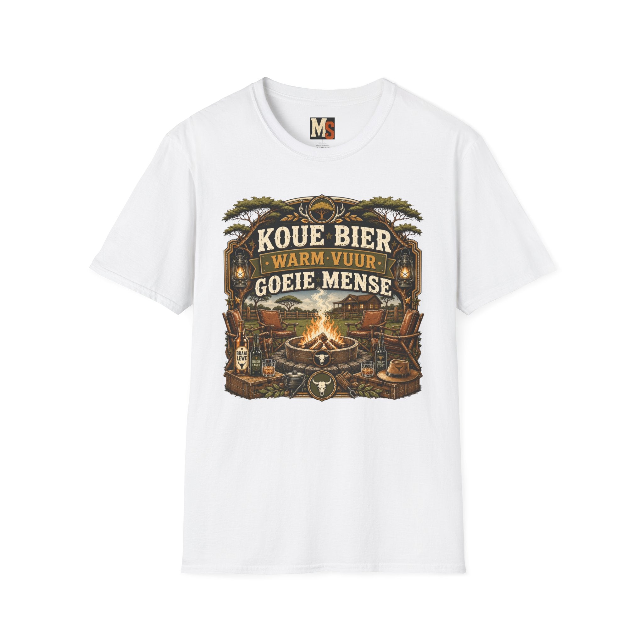 Koue bier, warm vuur, goeie mense T-shirt