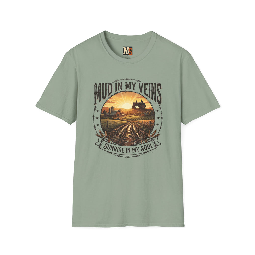 Mud in My Veins T-Shirt — Tractor Farm Sunset Graphic
