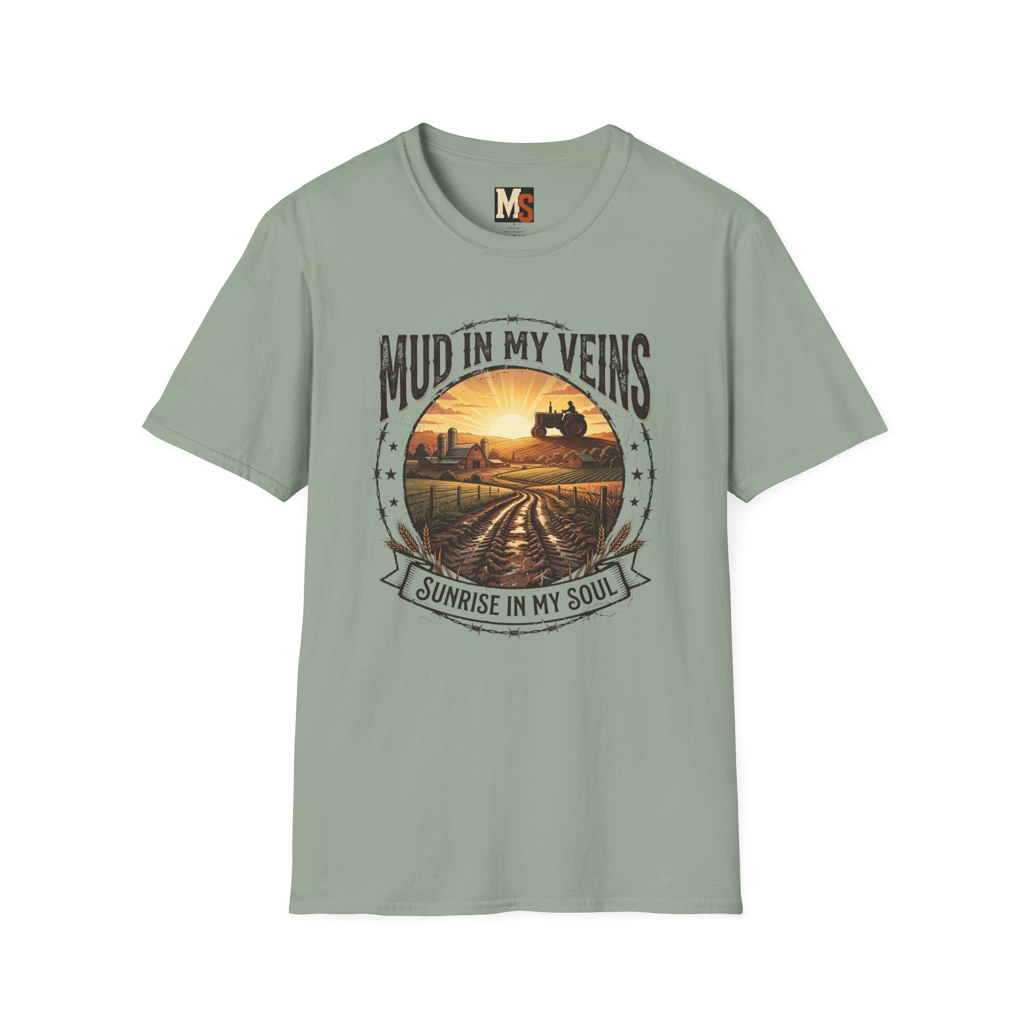 Mud in My Veins T-Shirt — Tractor Farm Sunset Graphic