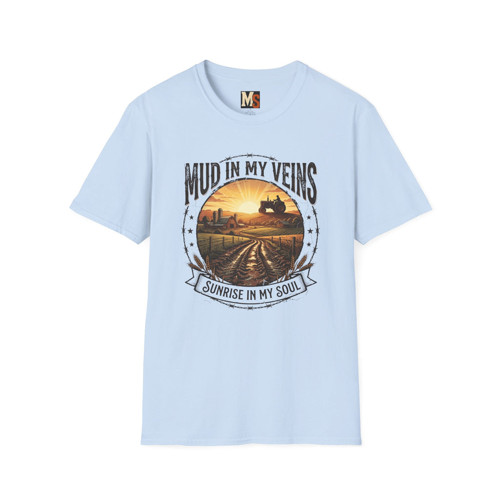 Mud in My Veins T-Shirt — Tractor Farm Sunset Graphic