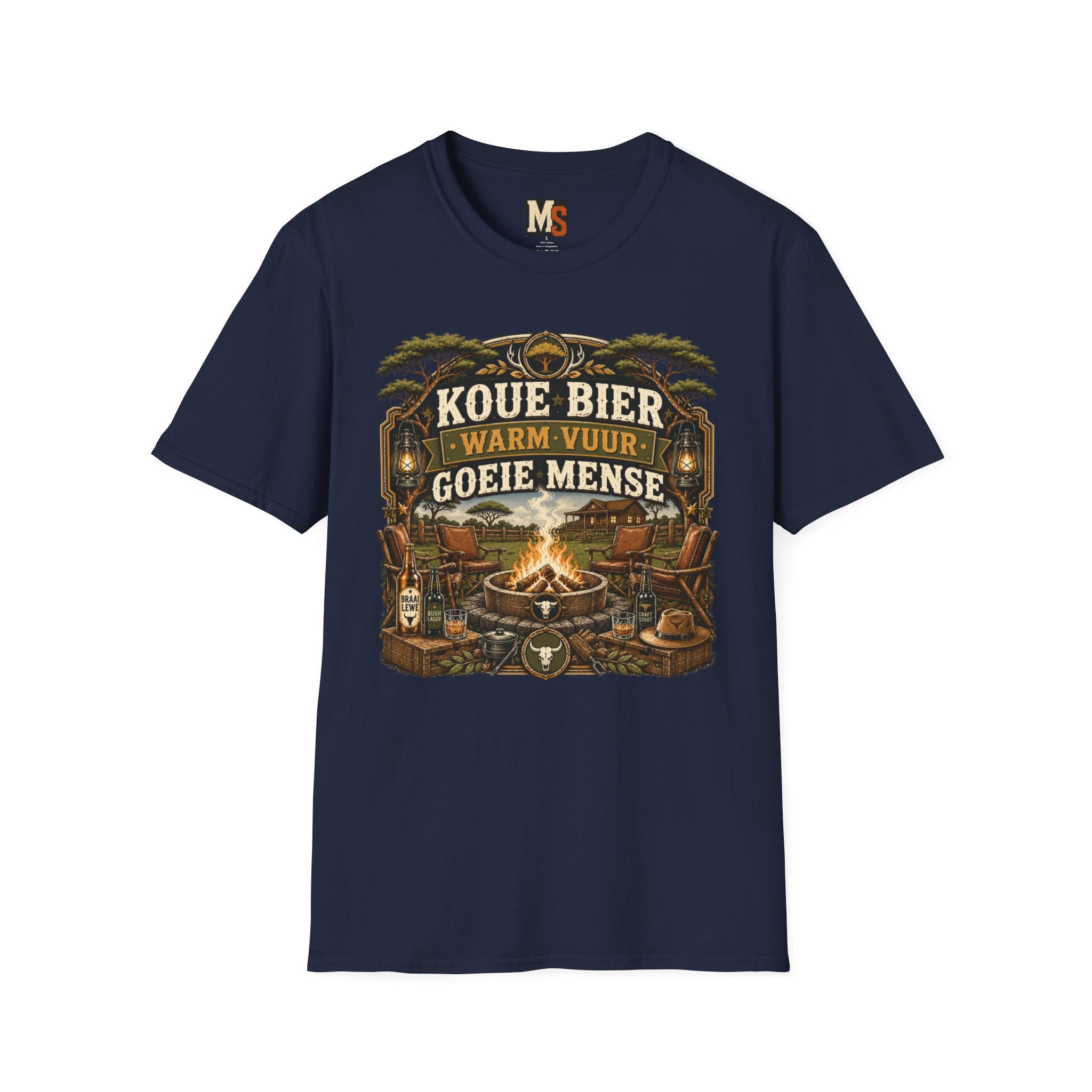 Koue bier, warm vuur, goeie mense T-shirt