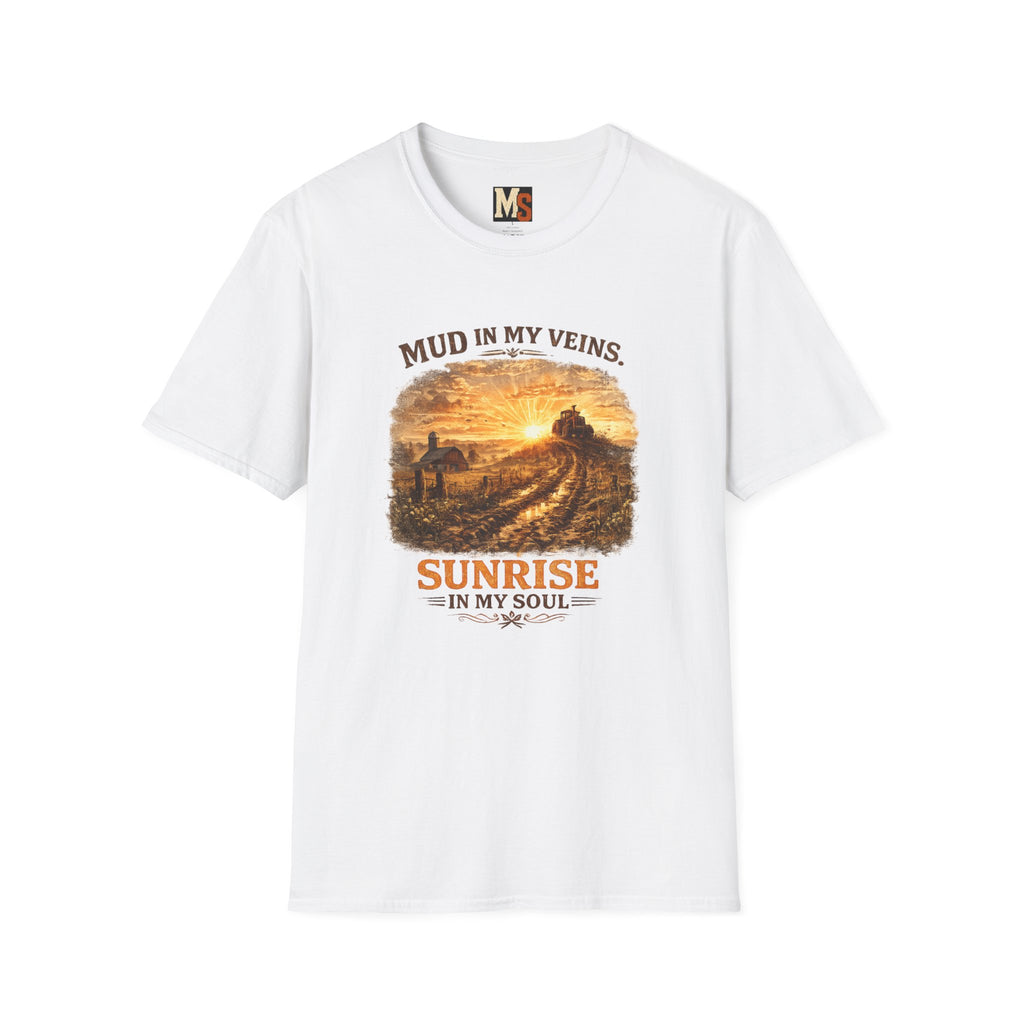 Mud in My Veins Sunrise T-Shirt — Rustic Farm Sunrise Graphic Tee