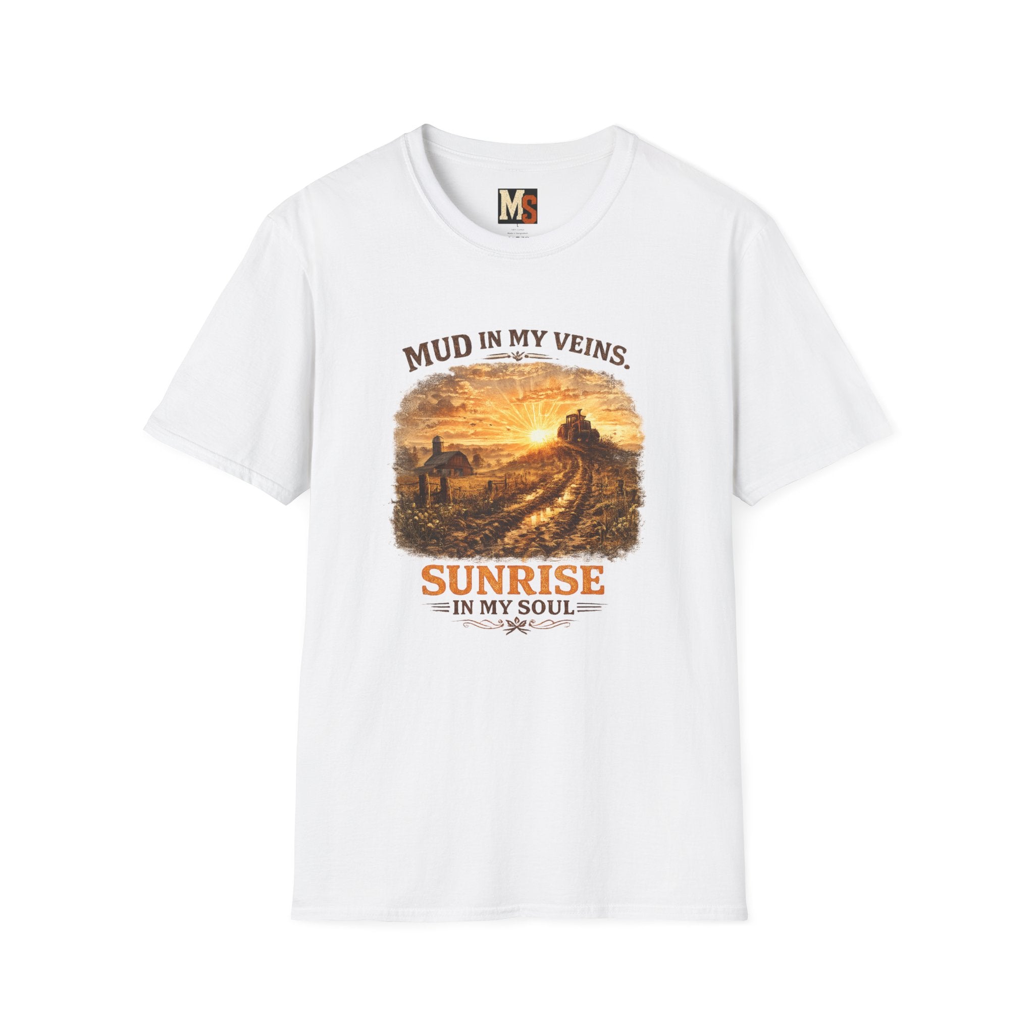 Mud in My Veins Sunrise T-Shirt — Rustic Farm Sunrise Graphic Tee