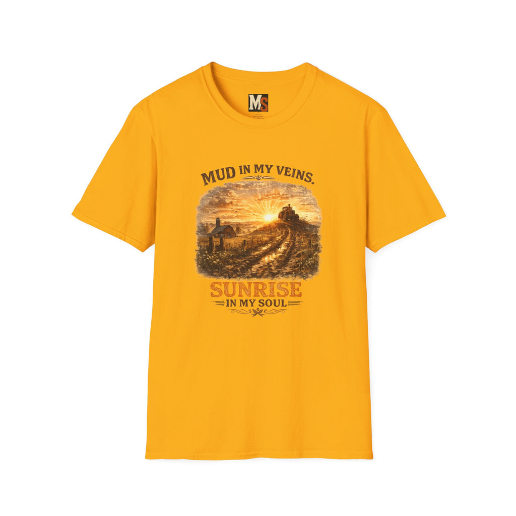 Mud in My Veins Sunrise T-Shirt — Rustic Farm Sunrise Graphic Tee