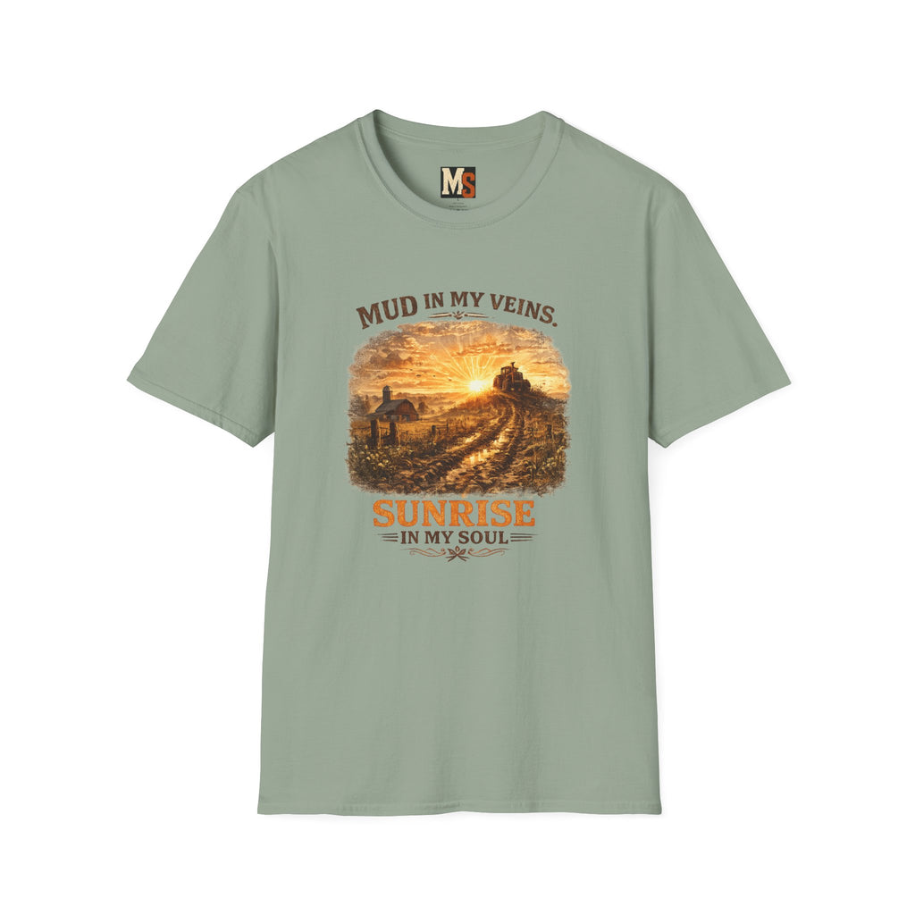 Mud in My Veins Sunrise T-Shirt — Rustic Farm Sunrise Graphic Tee