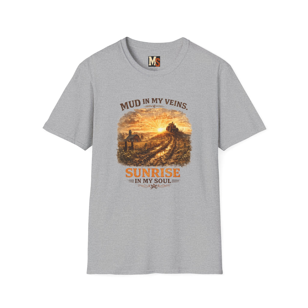 Mud in My Veins Sunrise T-Shirt — Rustic Farm Sunrise Graphic Tee