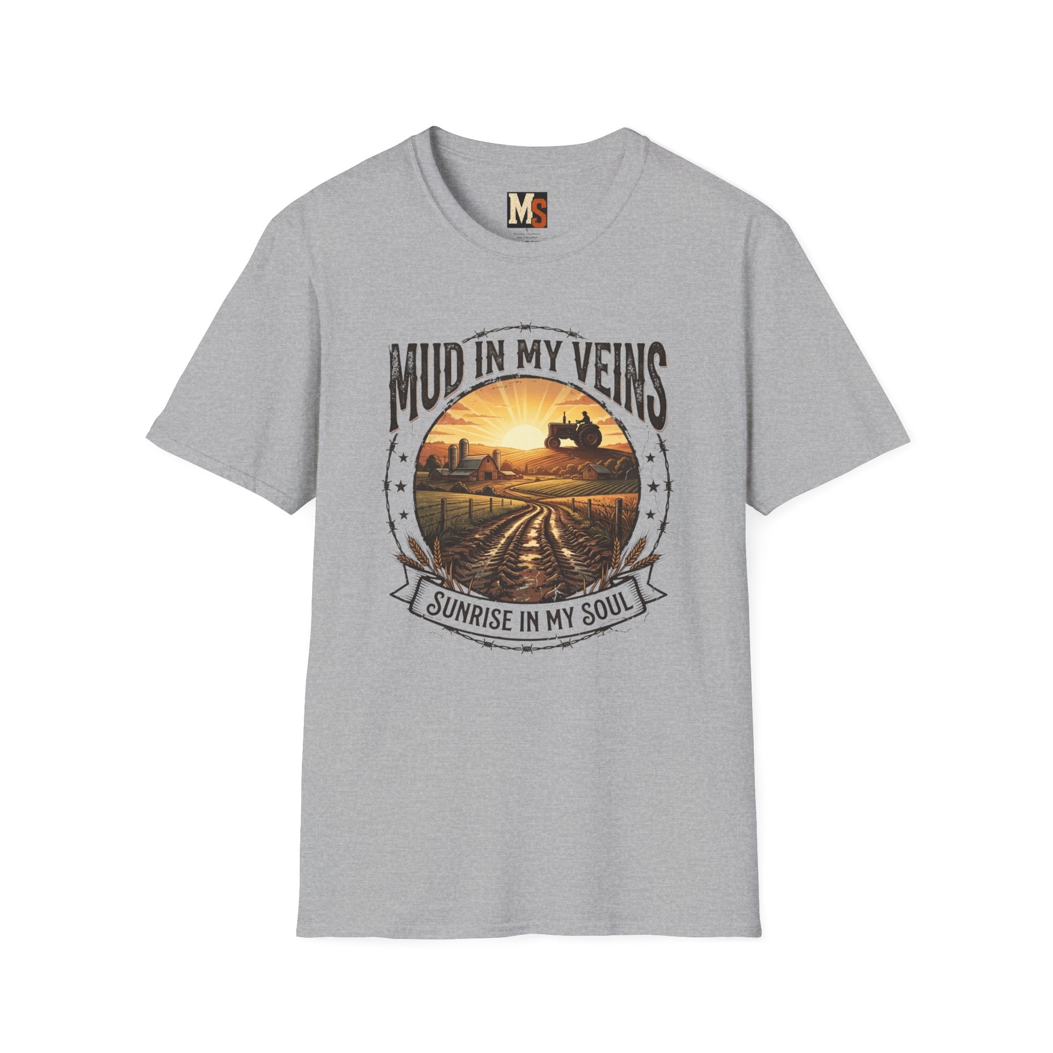 Mud in My Veins T-Shirt — Tractor Farm Sunset Graphic