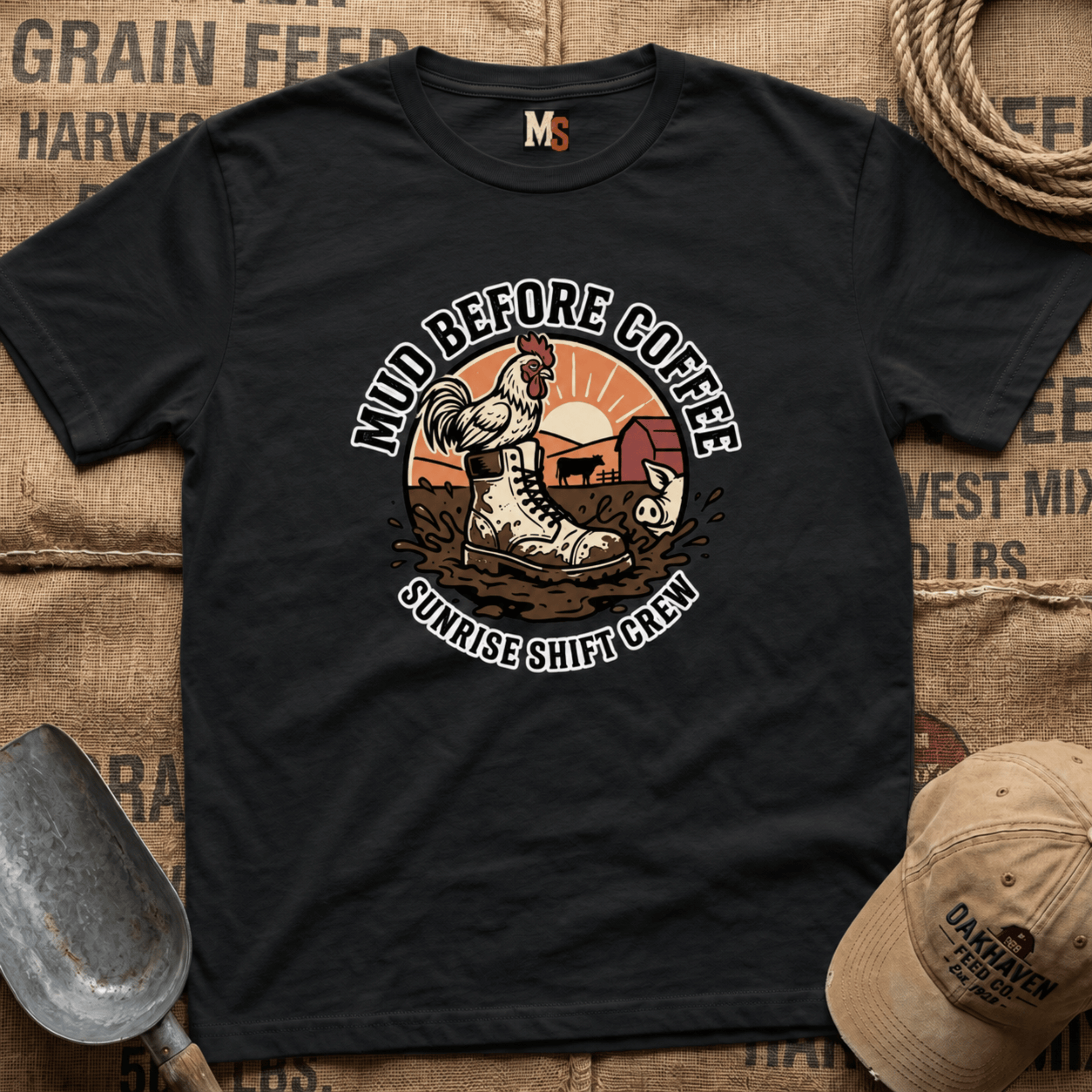 Mud before coffee - sunrise shift crew T-shirt
