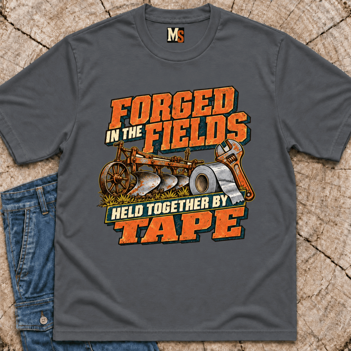 Forged in the fields - held together by tape T-shirt