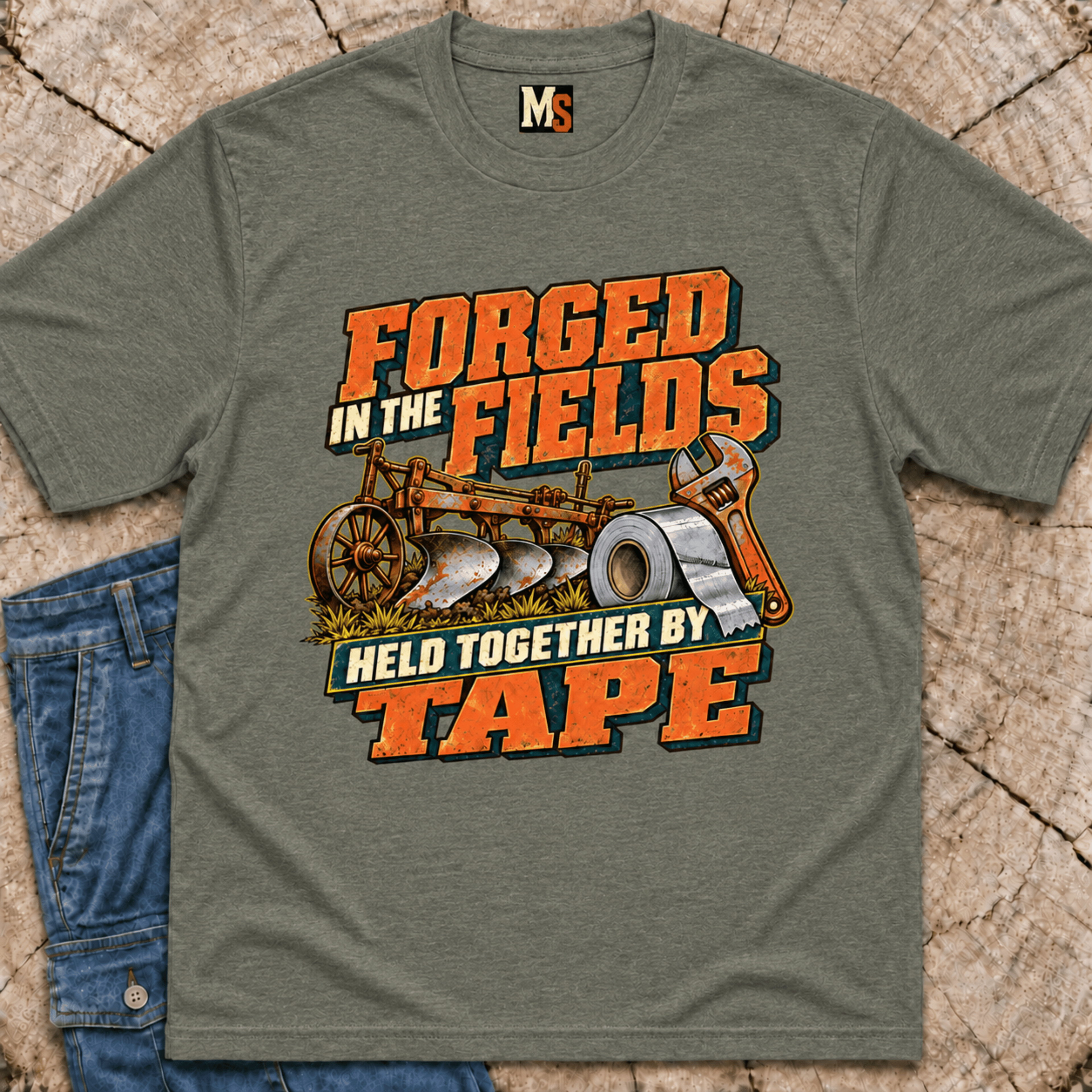 Forged in the fields - held together by tape T-shirt