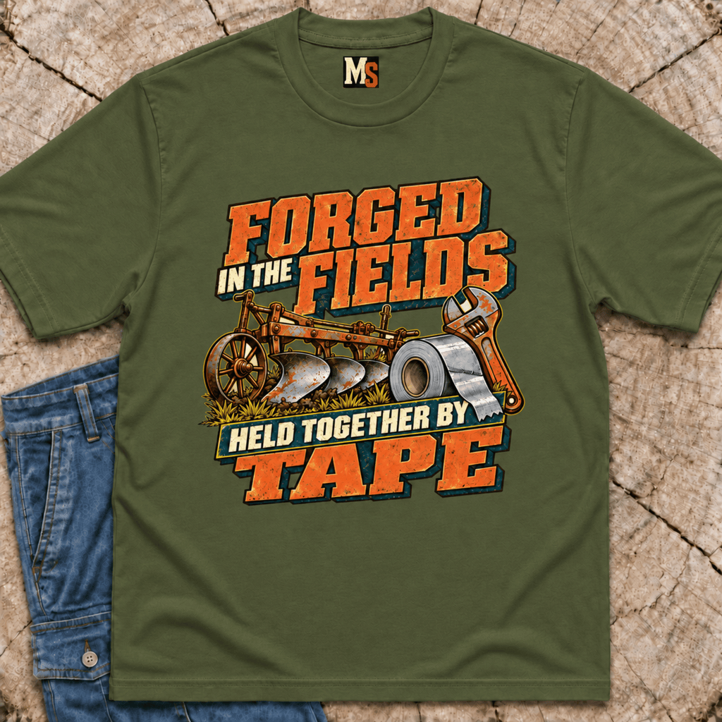 Forged in the fields - held together by tape T-shirt