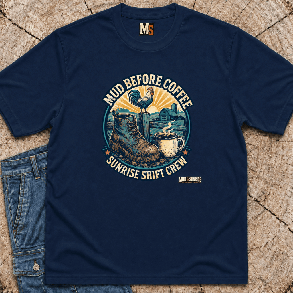 Mud before coffee - sunrise shift crew T-shirt