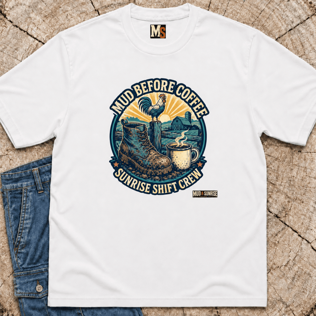 Mud before coffee - sunrise shift crew T-shirt